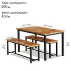 Mieres Vintage Industrial Style 3 Piece Dining Table with 2 Benches Set, Space Saving Kitchen Dining Room Bar Table Set