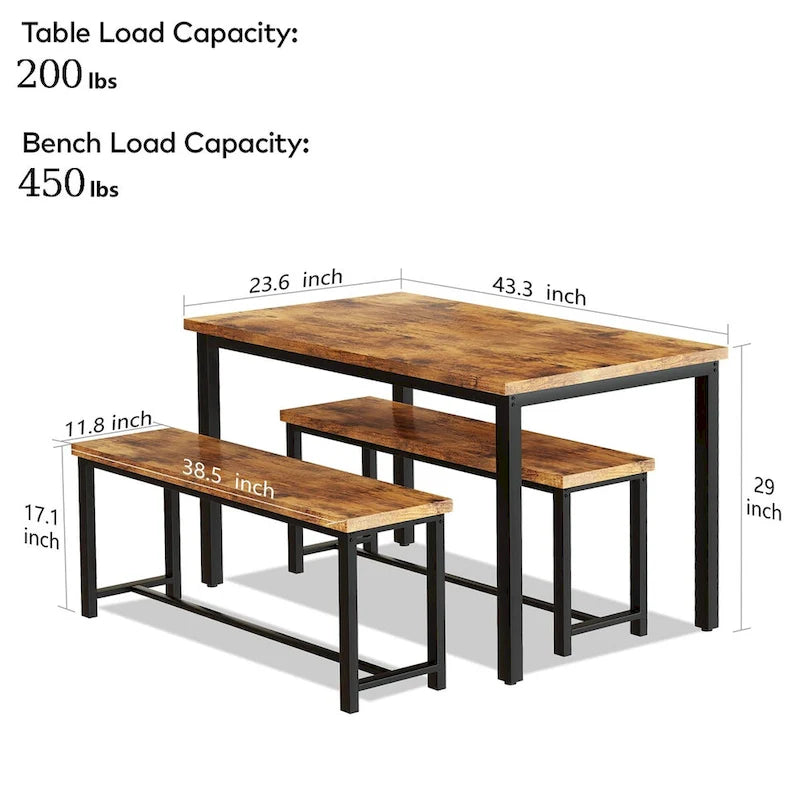 Mieres Vintage Industrial Style 3 Piece Dining Table with 2 Benches Set, Space Saving Kitchen Dining Room Bar Table Set
