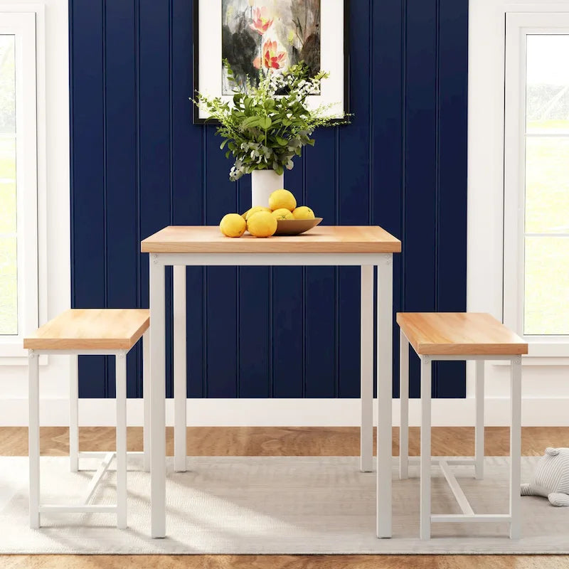 Mieres Vintage Industrial Style 3 Piece Dining Table with 2 Benches Set, Space Saving Kitchen Dining Room Bar Table Set