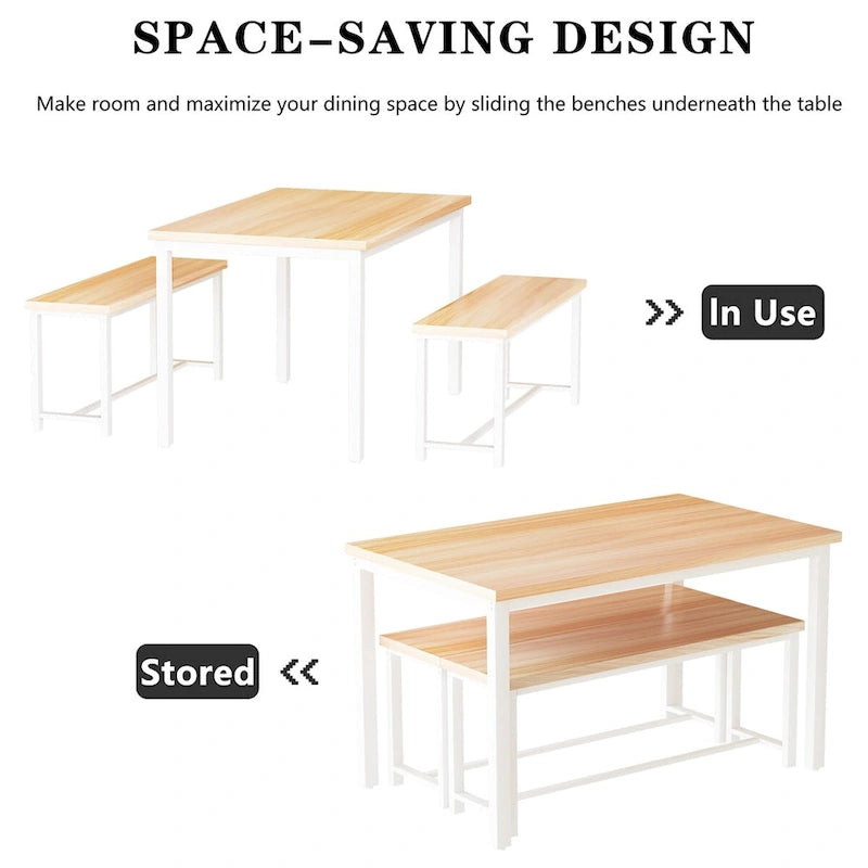 Mieres Vintage Industrial Style 3 Piece Dining Table with 2 Benches Set, Space Saving Kitchen Dining Room Bar Table Set