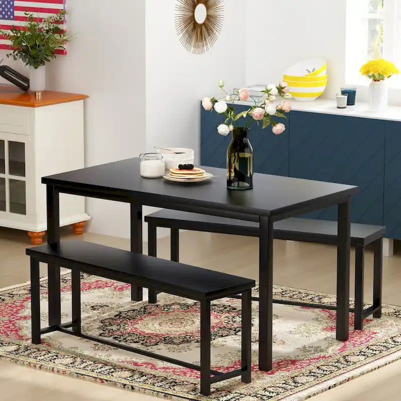 Mieres Vintage Industrial Style 3 Piece Dining Table with 2 Benches Set, Space Saving Kitchen Dining Room Bar Table Set