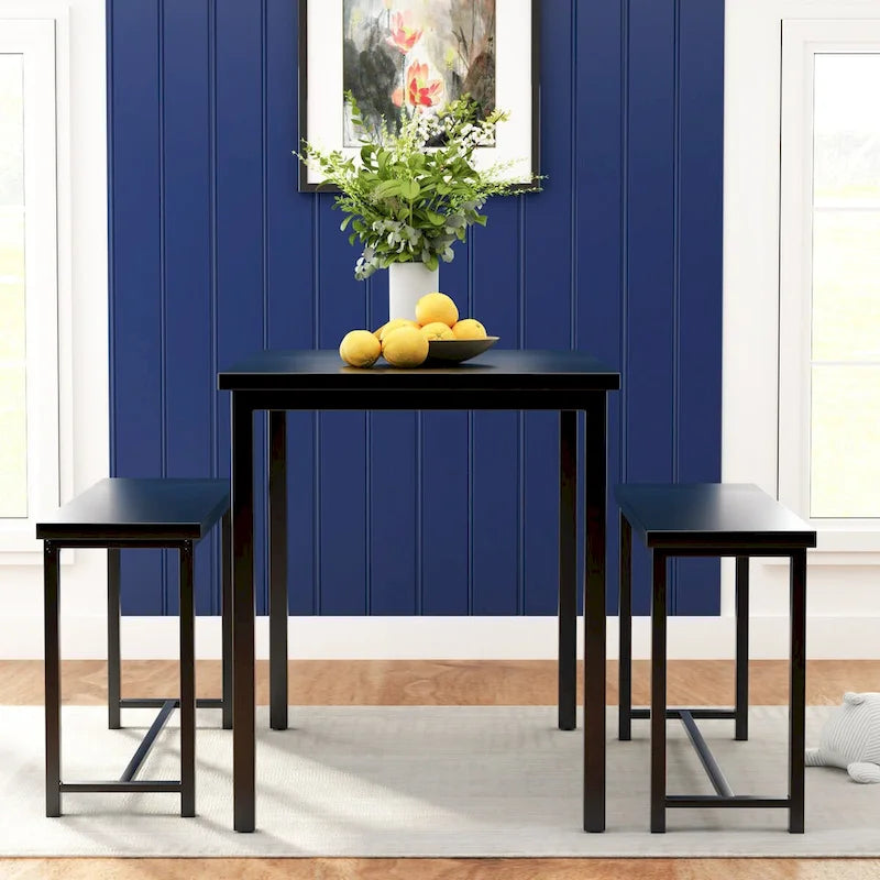 Mieres Vintage Industrial Style 3 Piece Dining Table with 2 Benches Set, Space Saving Kitchen Dining Room Bar Table Set