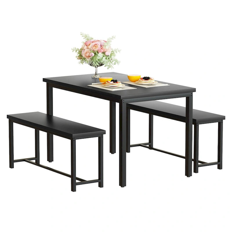 Mieres Vintage Industrial Style 3 Piece Dining Table with 2 Benches Set, Space Saving Kitchen Dining Room Bar Table Set