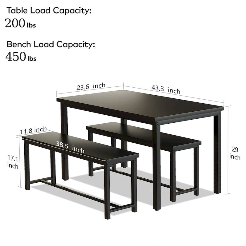 Mieres Vintage Industrial Style 3 Piece Dining Table with 2 Benches Set, Space Saving Kitchen Dining Room Bar Table Set