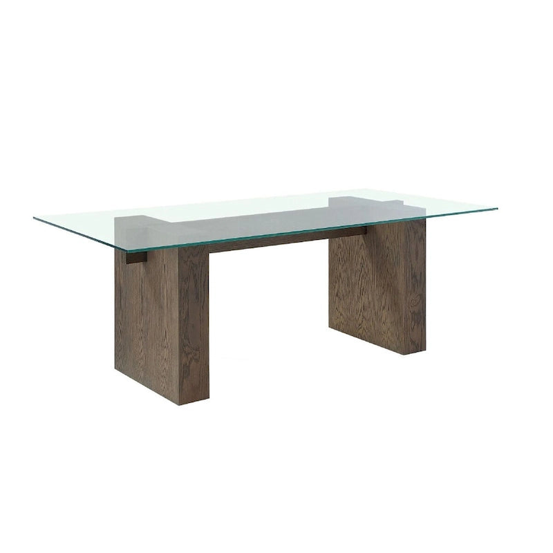 Lan 80 Inch Dining Table, Glass Top, Wood Double Pedestal, 6 Seater, Brown