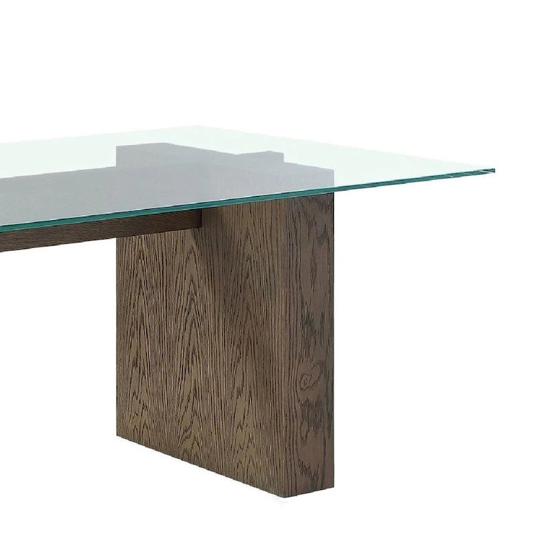 Lan 80 Inch Dining Table, Glass Top, Wood Double Pedestal, 6 Seater, Brown
