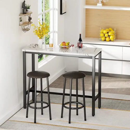 3 Piece Kitchen Pub Dining Set, Modern Faux Marble Counter Height Bistro Bar Table Set with 2 PU Leather Bar Stools