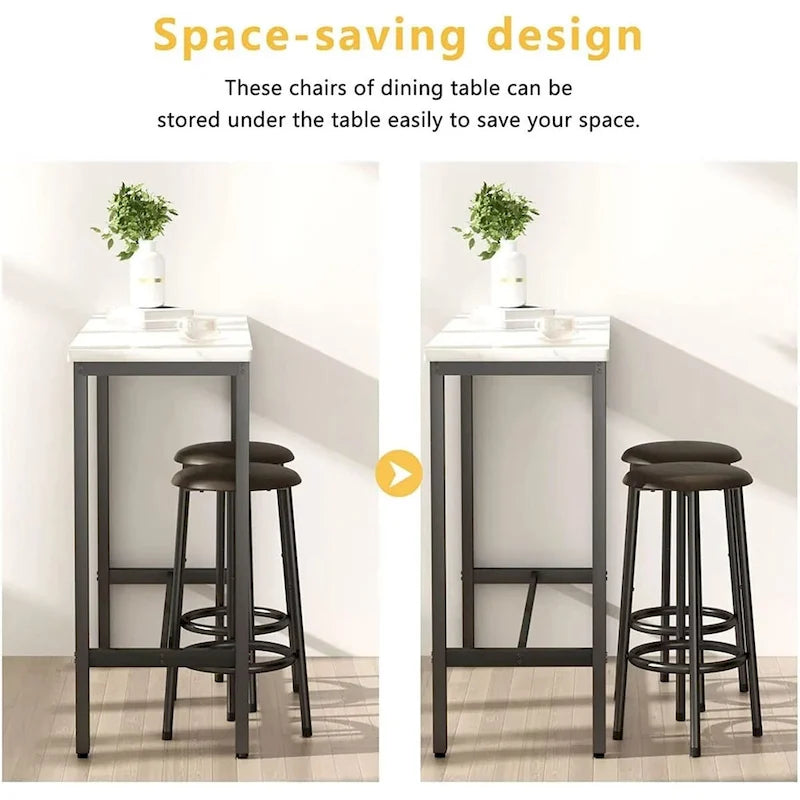 3 Piece Kitchen Pub Dining Set, Modern Faux Marble Counter Height Bistro Bar Table Set with 2 PU Leather Bar Stools