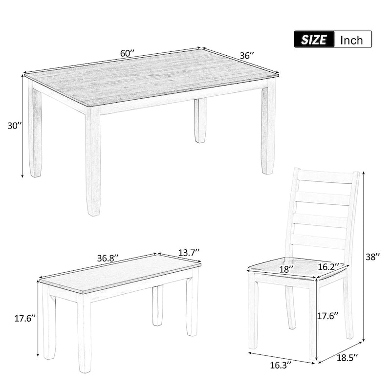 Rustic Style 6-Piece Dining Room Table Set with 4 Upholstered Chairs & a Bench