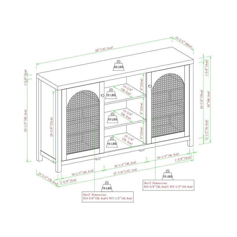 Transitional 58 2-Door Sideboard with Arched Rattan Panels for Living Room, Bedroom and Office