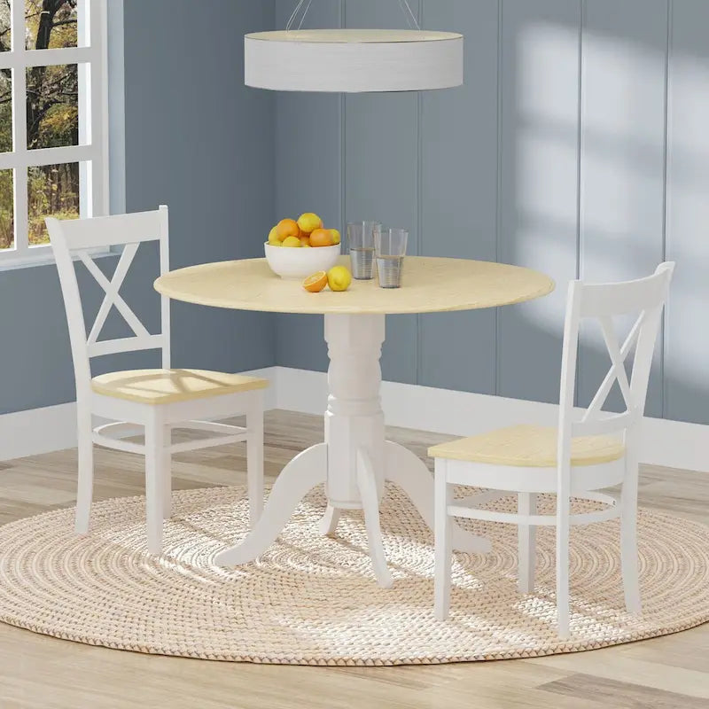 3-Piece Dining Set, 42 Round Drop-Leaf Table and Cross Back Chairs