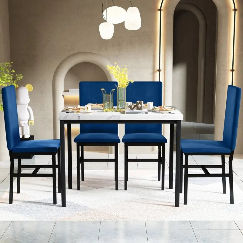5 Piece Dining Table Set for 4, Kitchen Faux Marble Table Set with Velvet Chairs for Small Spaces, Breakfast Nook, Living Room