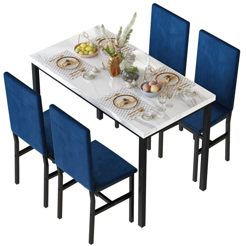 5 Piece Dining Table Set for 4, Kitchen Faux Marble Table Set with Velvet Chairs for Small Spaces, Breakfast Nook, Living Room