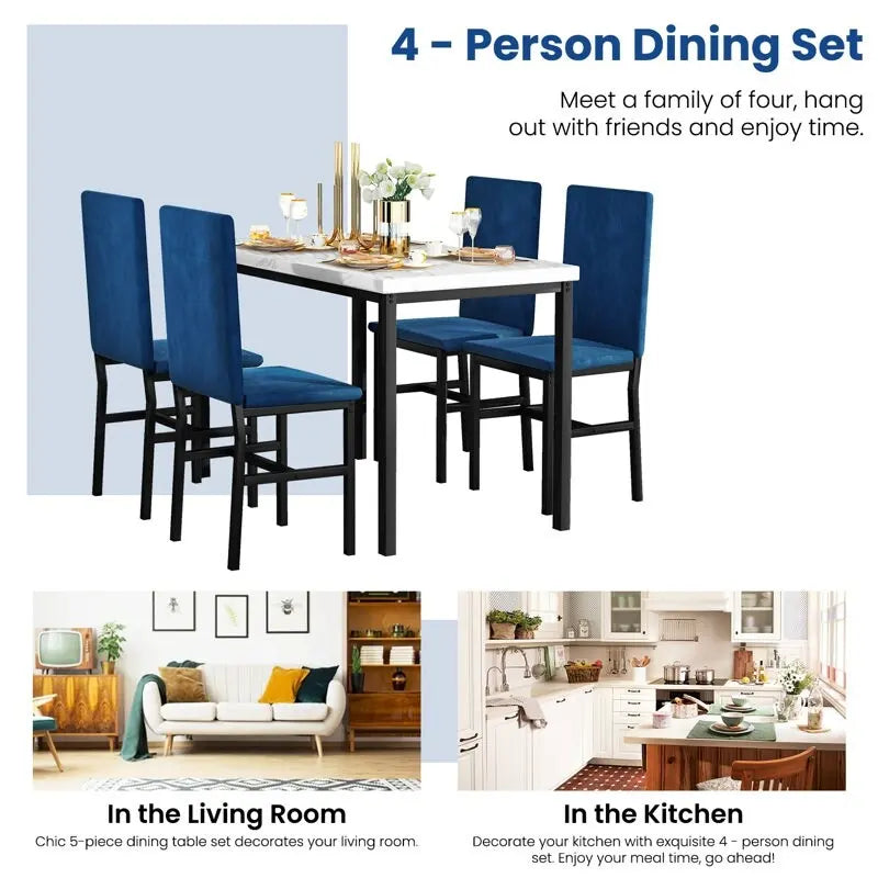 5 Piece Dining Table Set for 4, Kitchen Faux Marble Table Set with Velvet Chairs for Small Spaces, Breakfast Nook, Living Room