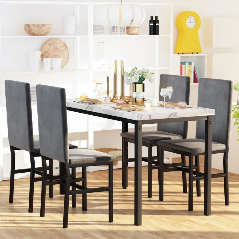 5 Piece Dining Table Set for 4, Kitchen Faux Marble Table Set with Velvet Chairs for Small Spaces, Breakfast Nook, Living Room