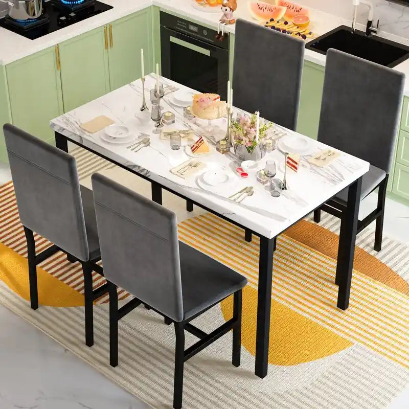 5 Piece Dining Table Set for 4, Kitchen Faux Marble Table Set with Velvet Chairs for Small Spaces, Breakfast Nook, Living Room