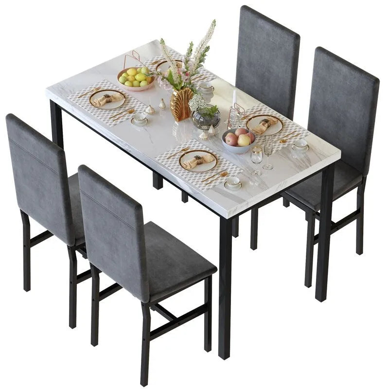 5 Piece Dining Table Set for 4, Kitchen Faux Marble Table Set with Velvet Chairs for Small Spaces, Breakfast Nook, Living Room