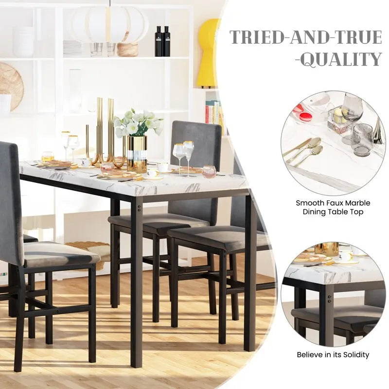 5 Piece Dining Table Set for 4, Kitchen Faux Marble Table Set with Velvet Chairs for Small Spaces, Breakfast Nook, Living Room