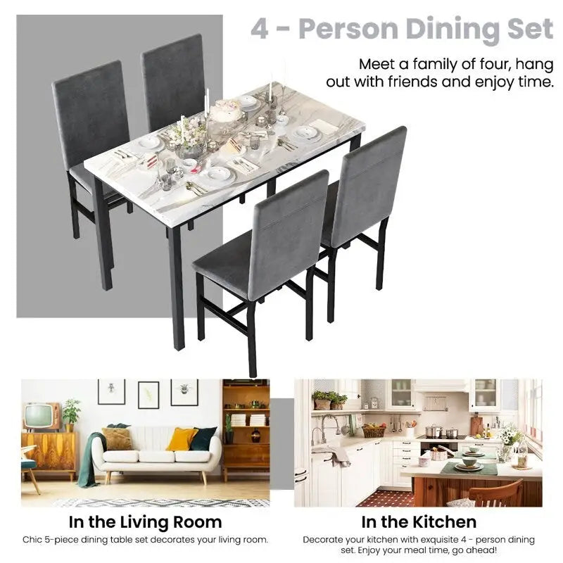 5 Piece Dining Table Set for 4, Kitchen Faux Marble Table Set with Velvet Chairs for Small Spaces, Breakfast Nook, Living Room