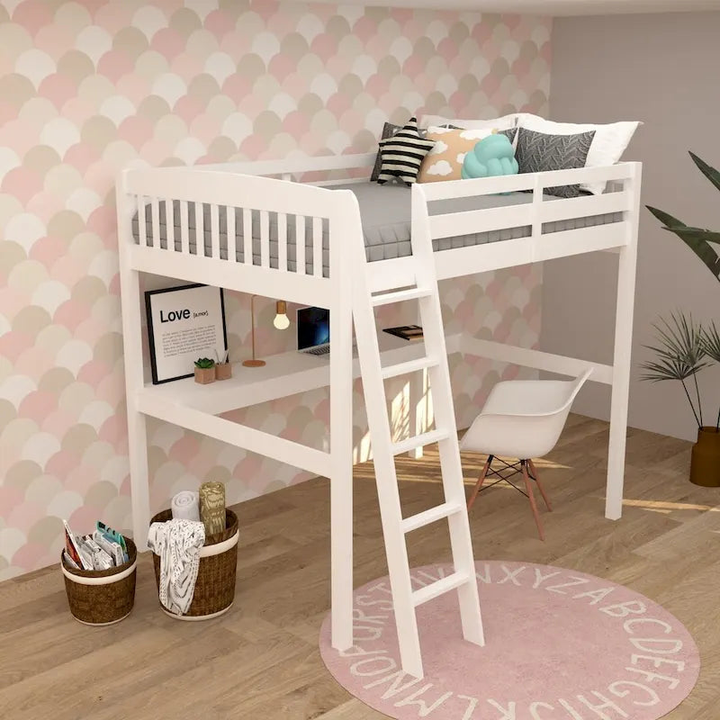 Yes4wood Everest Twin Size Loft Bed with Desk, Solid Wood