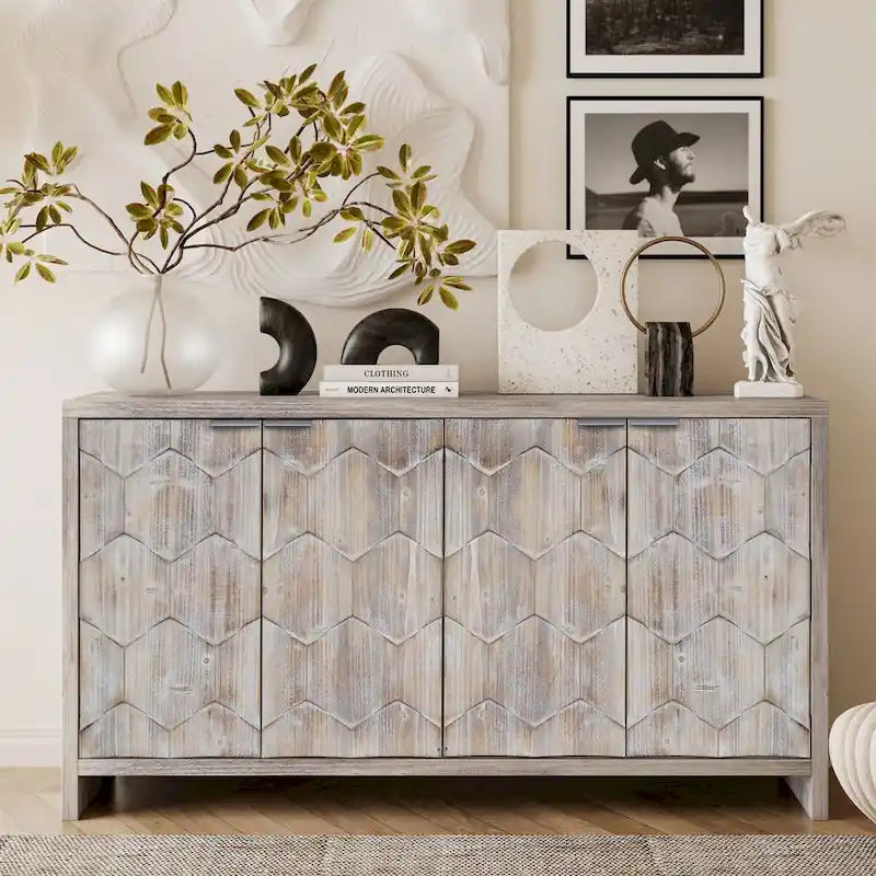60-in Farmhouse Antique Black 4 Wooden Door Sideboard Buffet Server Accent Storage Cabinet