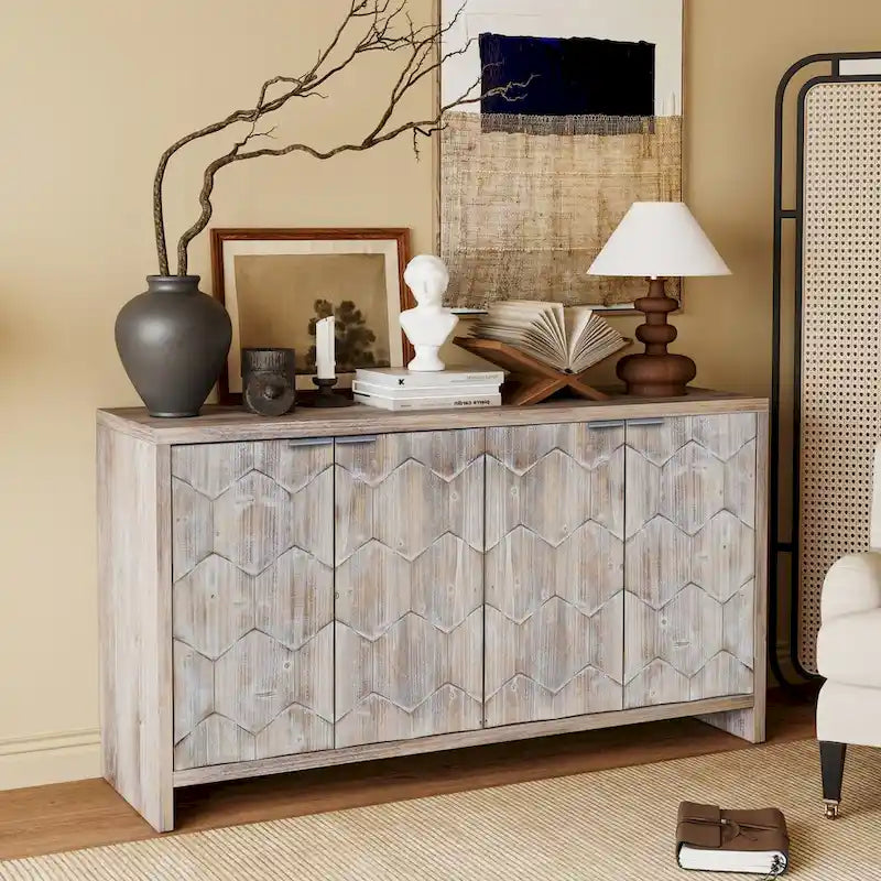 60-in Farmhouse Antique Black 4 Wooden Door Sideboard Buffet Server Accent Storage Cabinet