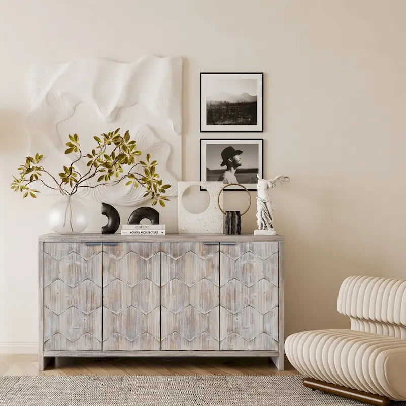 60-in Farmhouse Antique Black 4 Wooden Door Sideboard Buffet Server Accent Storage Cabinet