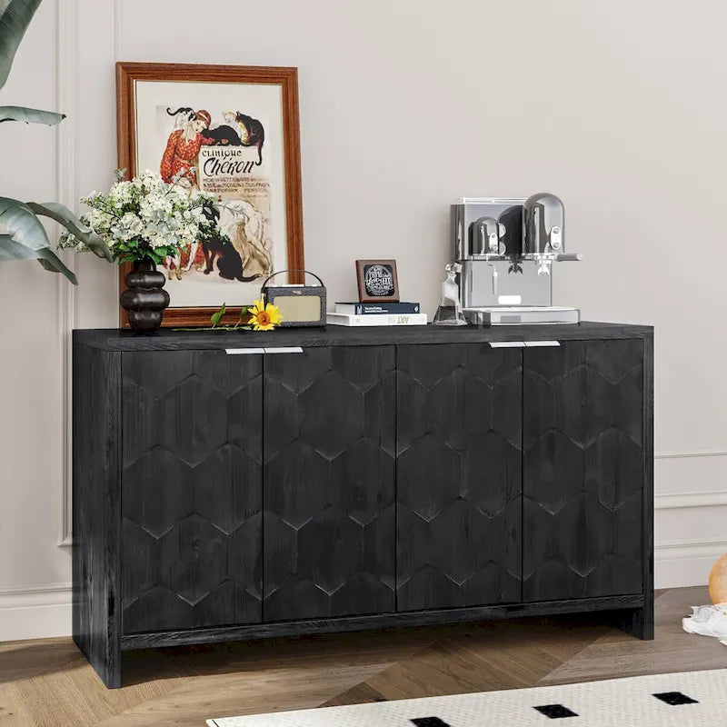 60-in Farmhouse Antique Black 4 Wooden Door Sideboard Buffet Server Accent Storage Cabinet