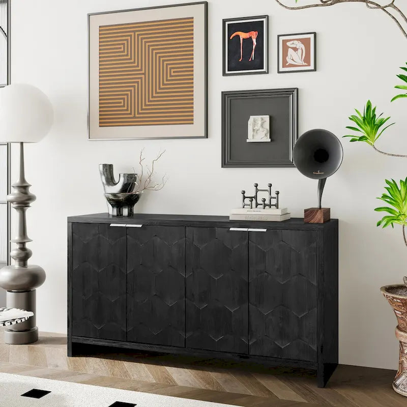60-in Farmhouse Antique Black 4 Wooden Door Sideboard Buffet Server Accent Storage Cabinet