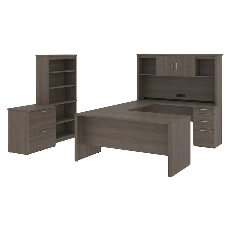 Bestar Logan 66W U-Shaped Desk with Hutch, Cabinet, and Bookcase