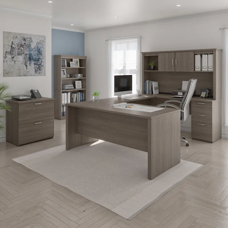Bestar Logan 66W U-Shaped Desk with Hutch, Cabinet, and Bookcase