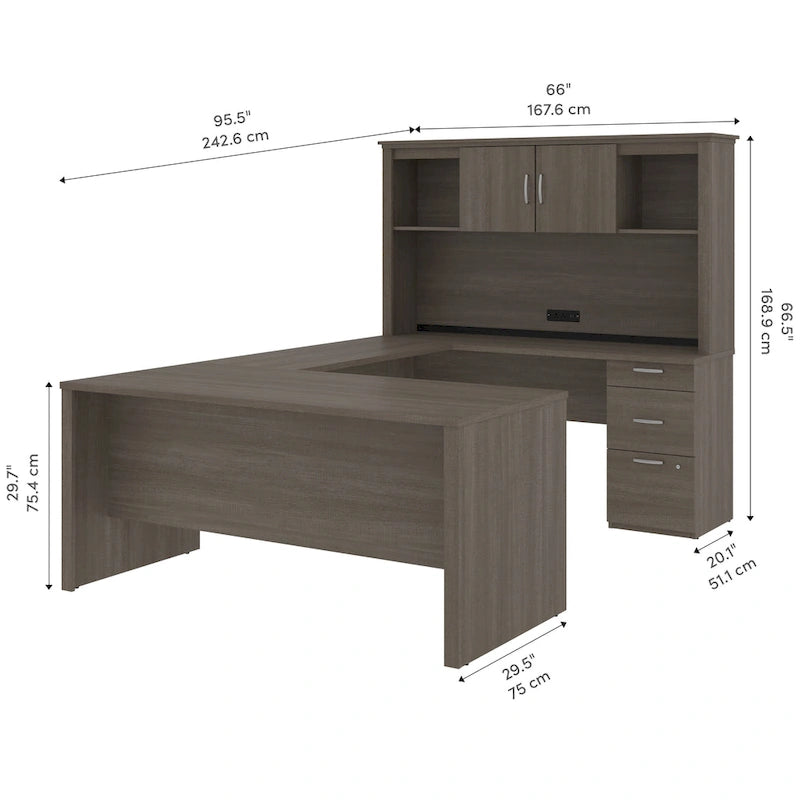 Bestar Logan 66W U-Shaped Desk with Hutch, Cabinet, and Bookcase