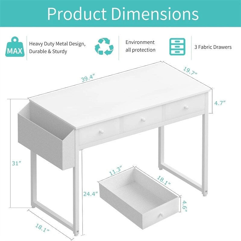 Small White Computer Desk with Fabric Drawers