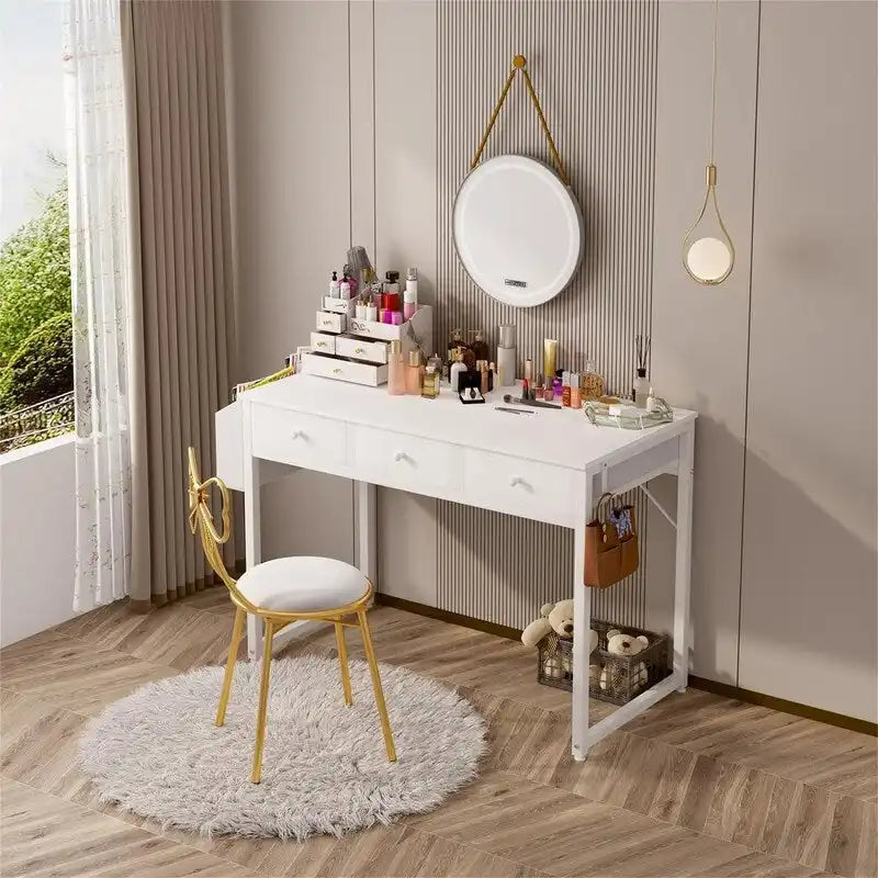 Small White Computer Desk with Fabric Drawers