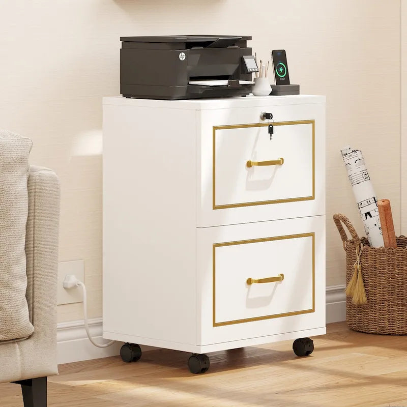 Moasis Mobile Filing Cabinet with 2 Drawers Printer Stand Fit A4, Letter Size, File Cabinet with Charging Station
