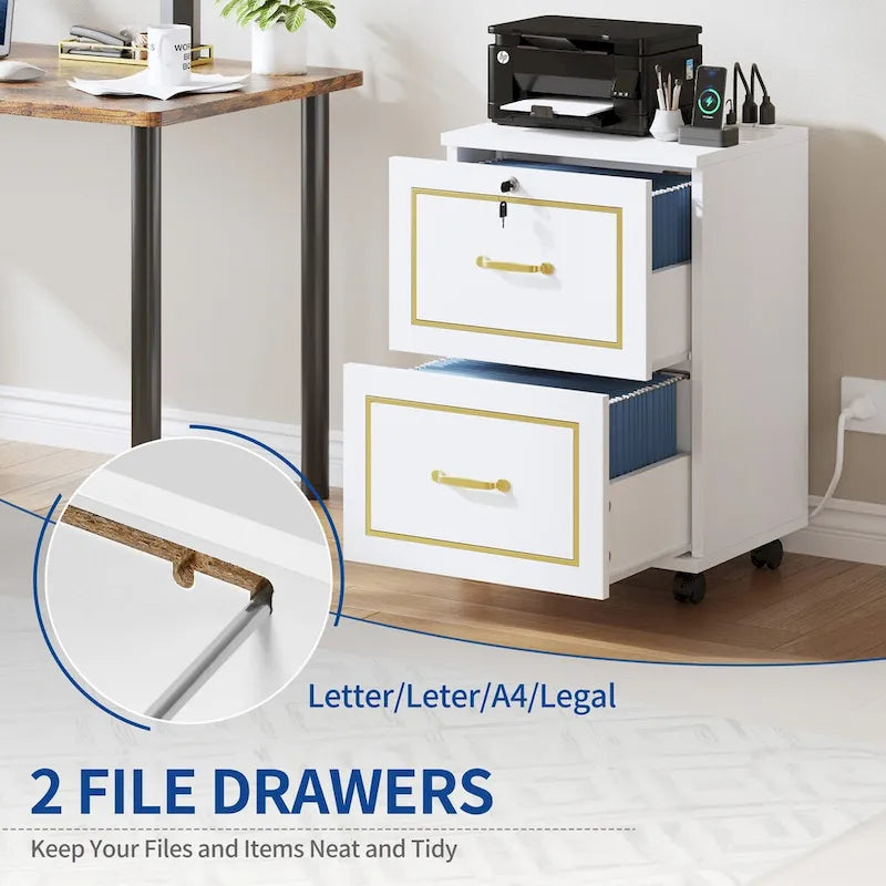 Moasis Mobile Filing Cabinet with 2 Drawers Printer Stand Fit A4, Letter Size, File Cabinet with Charging Station