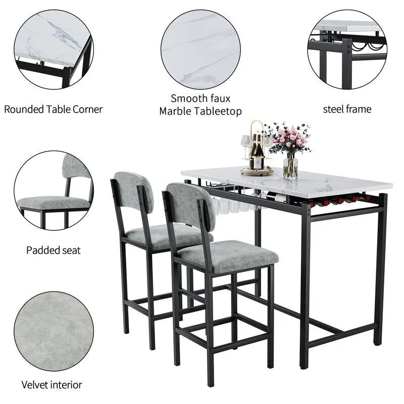Mieres 3 Piece Dining Room Table Set, Dining Table Set for 2, Kitchen Table Set with 2 Upholstered Chairs