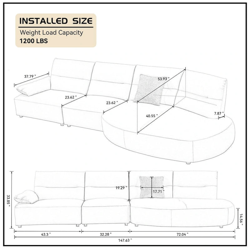 Leather Sectional Curved Shaped Sofa Couch for Living Room,Upholstered 4-Seat Sofa Set