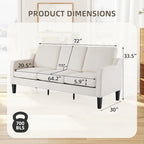 Erommy 3 Seat Sofa, 72 Sofa Couch for Living Room, Modern Fabric Couch with 4 Wood Legs, 2 Metal Support Rods for Bedroom