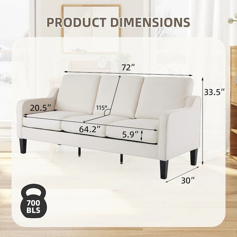 Erommy 3 Seat Sofa, 72 Sofa Couch for Living Room, Modern Fabric Couch with 4 Wood Legs, 2 Metal Support Rods for Bedroom
