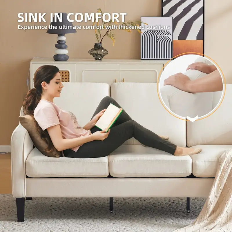 Erommy 3 Seat Sofa, 72 Sofa Couch for Living Room, Modern Fabric Couch with 4 Wood Legs, 2 Metal Support Rods for Bedroom