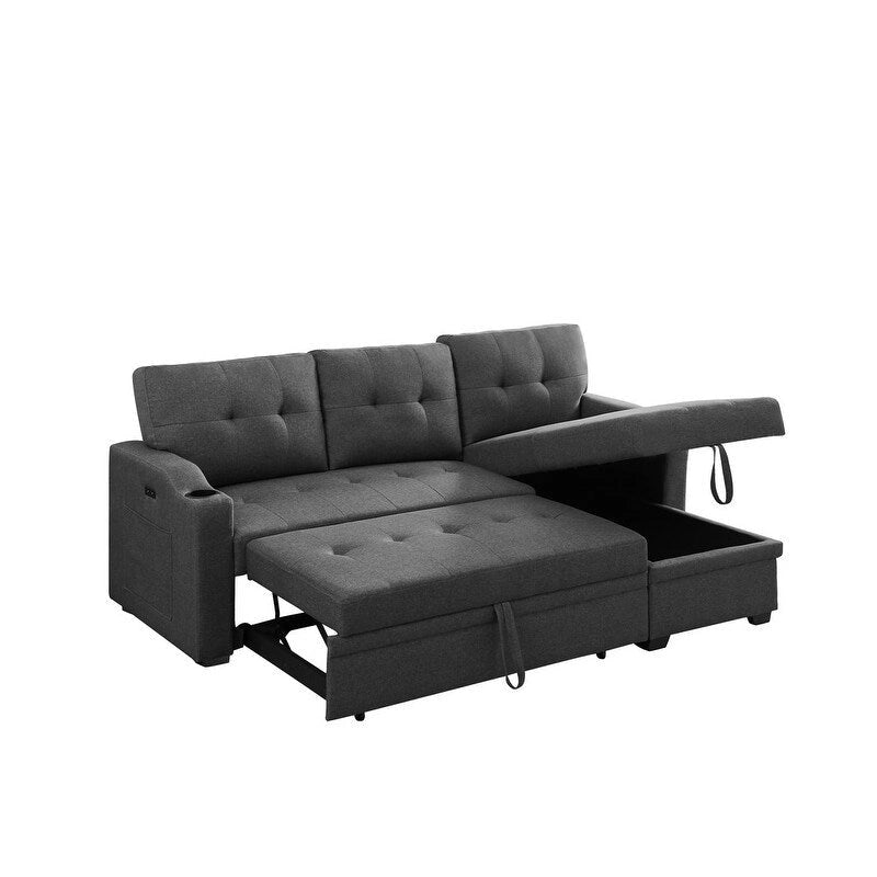 Mabel 83-inch Dark Gray Sleeper Sectional Sofa with Cup Holder, USB Charging Port, and Pocket - 83W x 54D x 35H