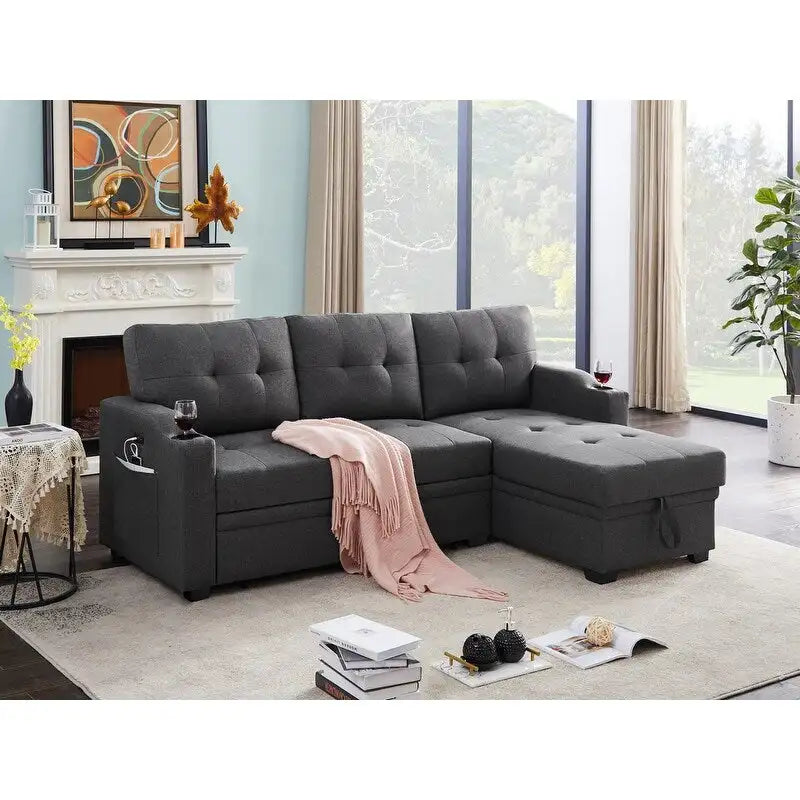 Mabel 83-inch Dark Gray Sleeper Sectional Sofa with Cup Holder, USB Charging Port, and Pocket - 83W x 54D x 35H