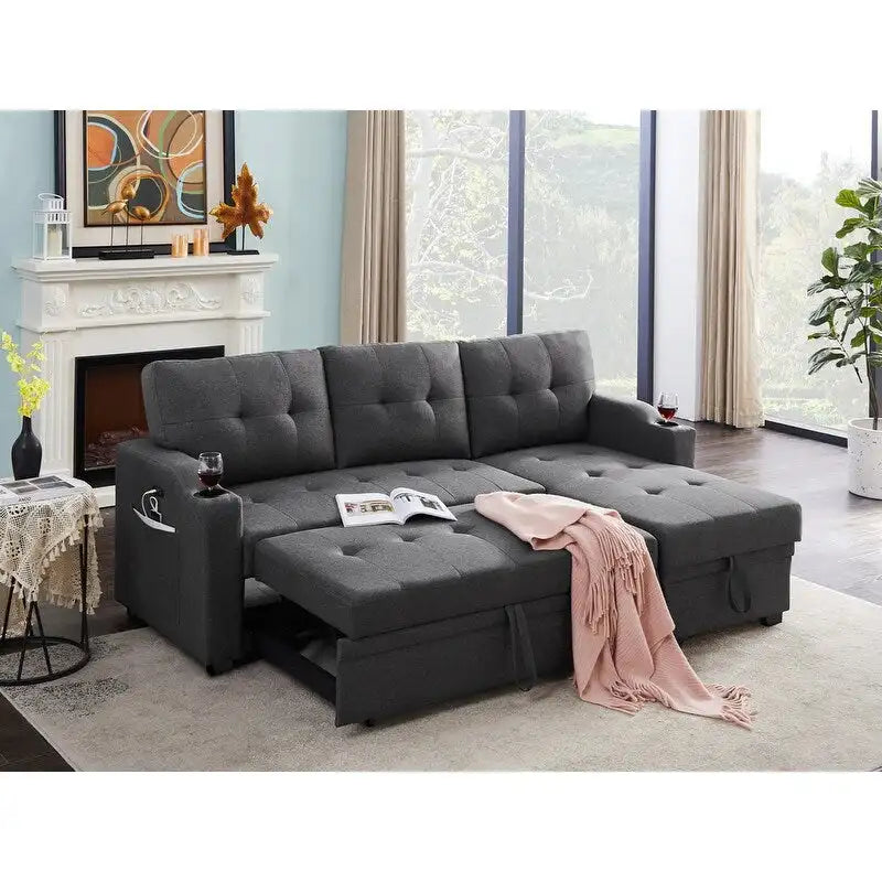 Mabel 83-inch Dark Gray Sleeper Sectional Sofa with Cup Holder, USB Charging Port, and Pocket - 83W x 54D x 35H