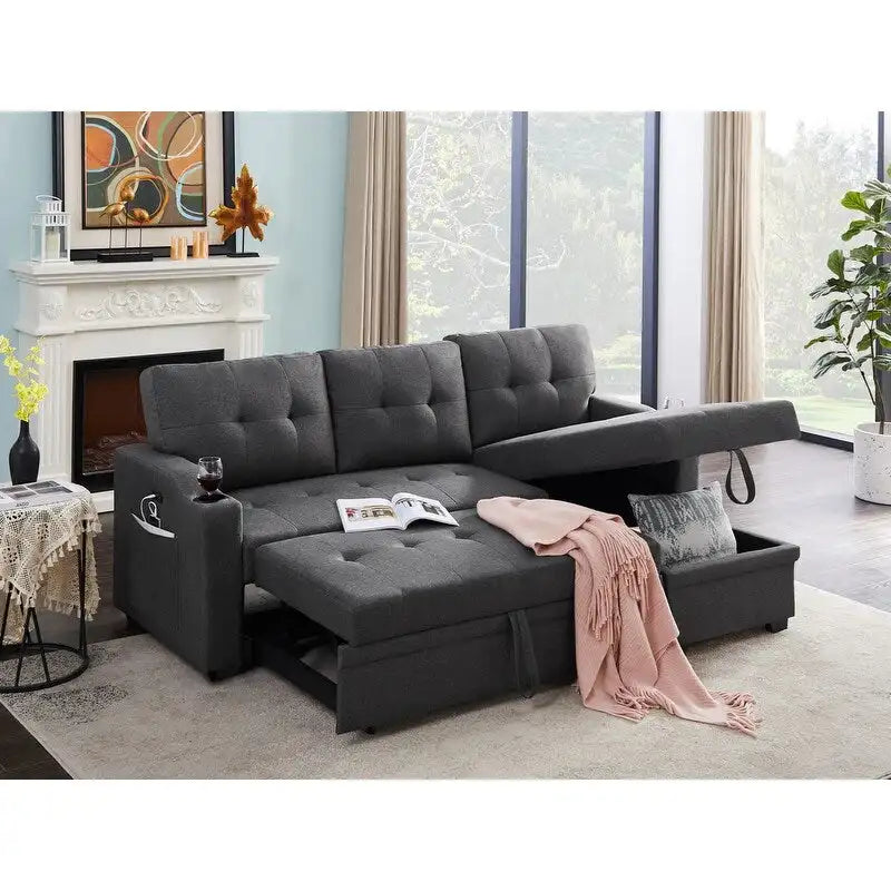 Mabel 83-inch Dark Gray Sleeper Sectional Sofa with Cup Holder, USB Charging Port, and Pocket - 83W x 54D x 35H