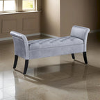 Ako 52 Inch Storage Bench, Button Tufting, Flared Arms, Gray Upholstery