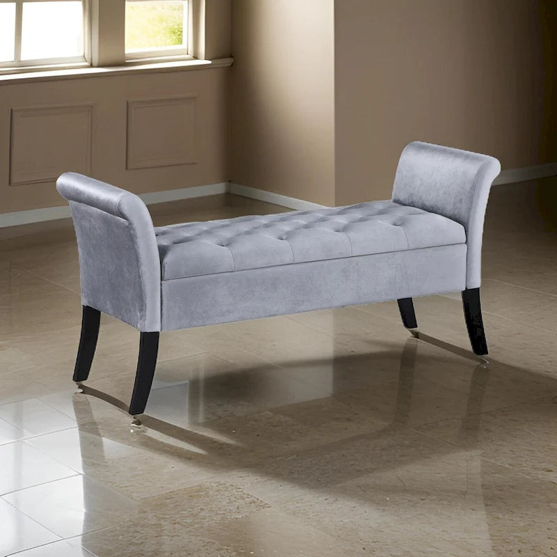 Ako 52 Inch Storage Bench, Button Tufting, Flared Arms, Gray Upholstery