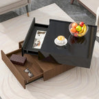 Square 360Rotating Coffee Table with 2 Drawers, Gloss 2-Tier Center Table with Storage, Side Table for Living Room