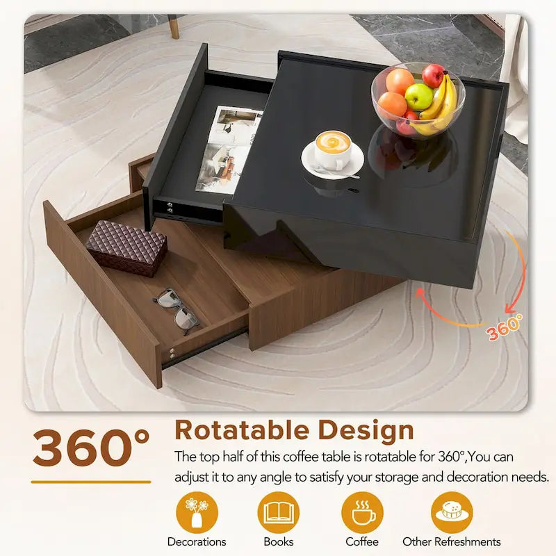 Square 360Rotating Coffee Table with 2 Drawers, Gloss 2-Tier Center Table with Storage, Side Table for Living Room