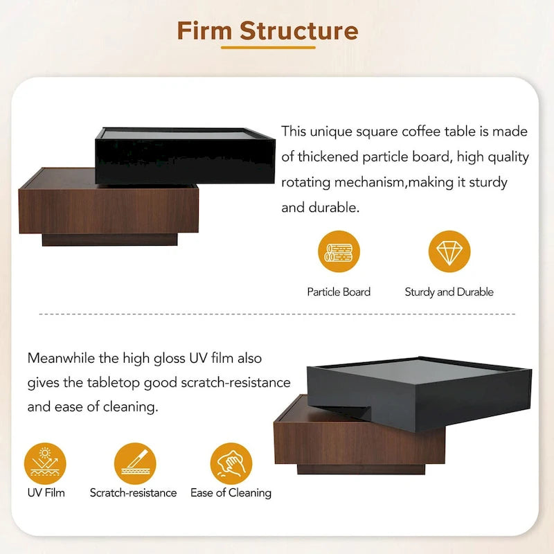 Square 360Rotating Coffee Table with 2 Drawers, Gloss 2-Tier Center Table with Storage, Side Table for Living Room